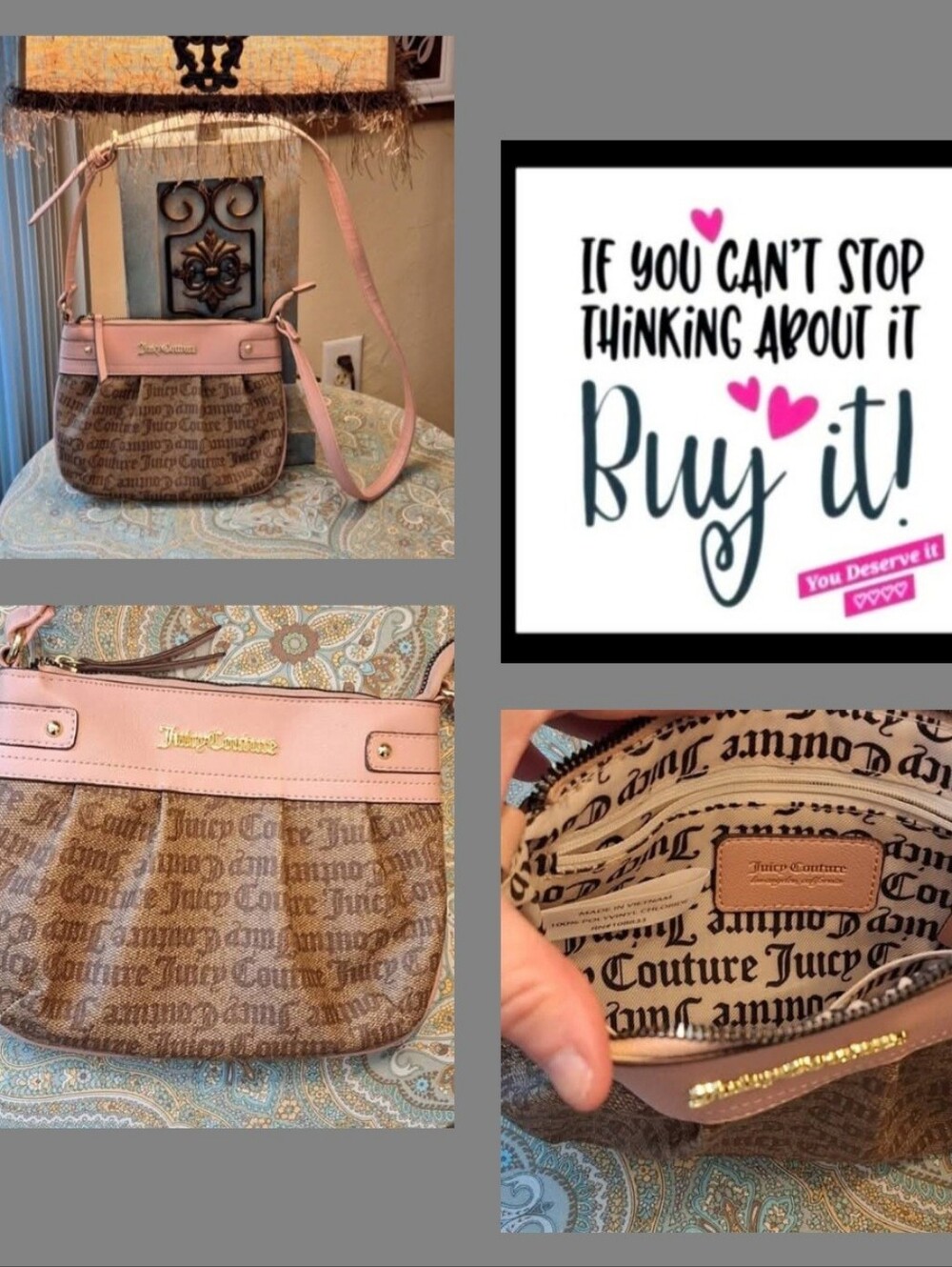 Juicy Couture Brown Signature Canvas Crossbody with Pink Trim and Strap